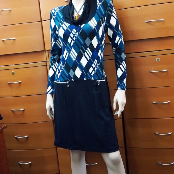 Work Ready Long Sleeve Dress with Cowl Neck and Zip Pockets in Blue Plaid Print - Picture 3 of 9